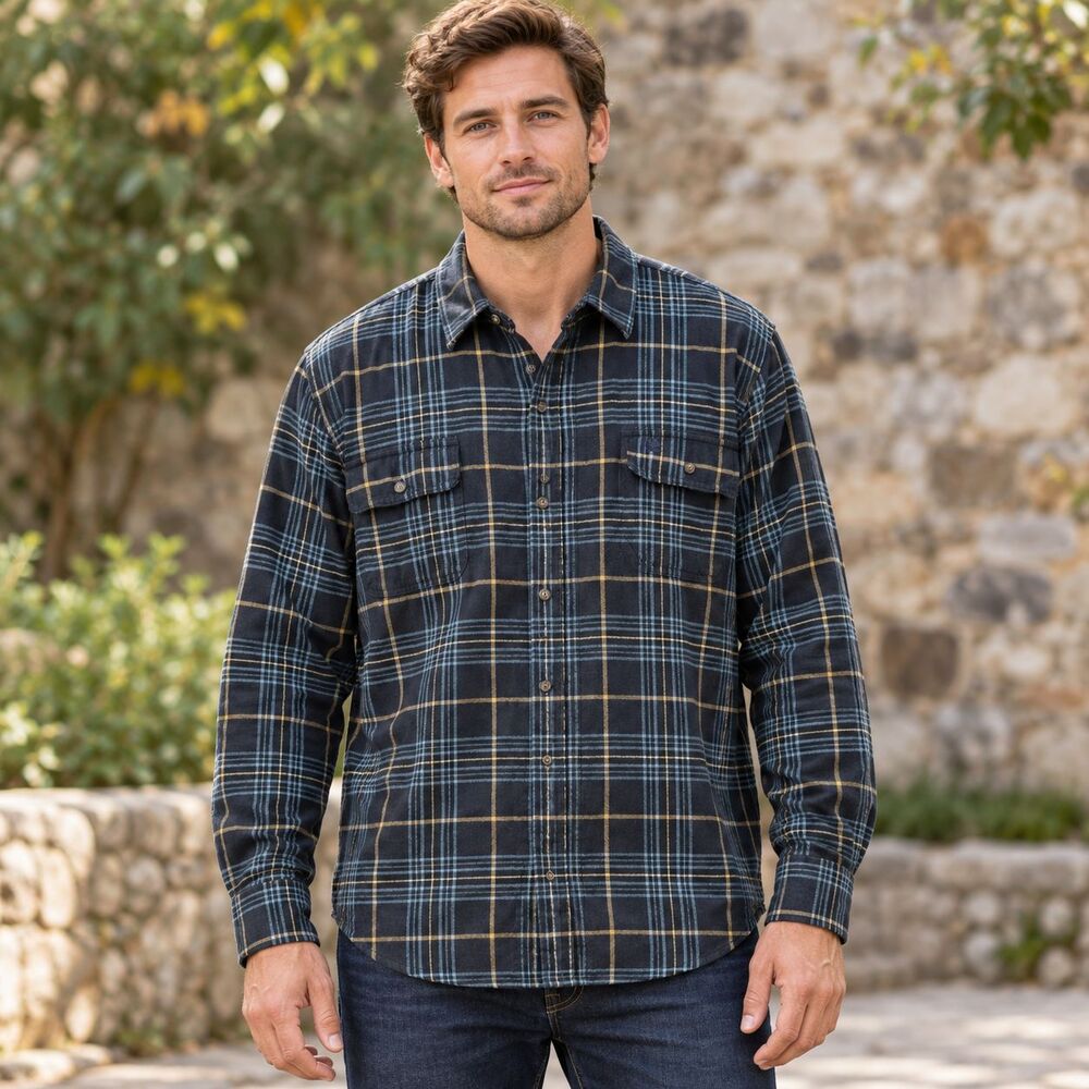 Timberland Button Shirt Men XL Navy Blue Yellow Plaid Cotton Flannel Long Sleeve - Picture 1 of 10